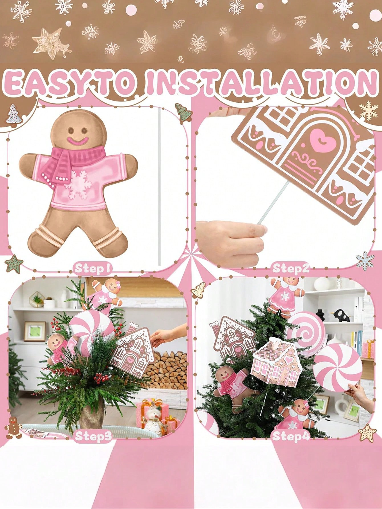 2/6Pcs Large Pink Candy Ginger - Star Tree Topper ulasan dan harga